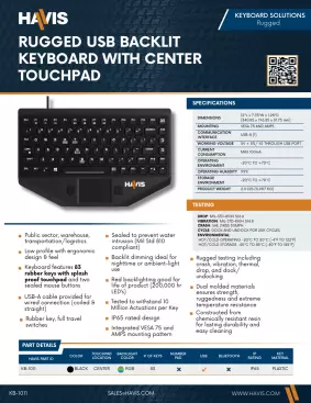 Rugged USB Backlit Keyboard with Center Touchpad Sales Sheet